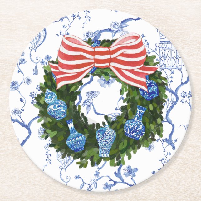 Chinoiserie Wreath, Christmas Ginger Jar, Party  Round Paper Coaster (Front)