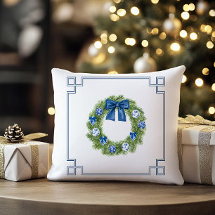 Chinoiserie Wreath Monogram Christmas Holiday Cushion