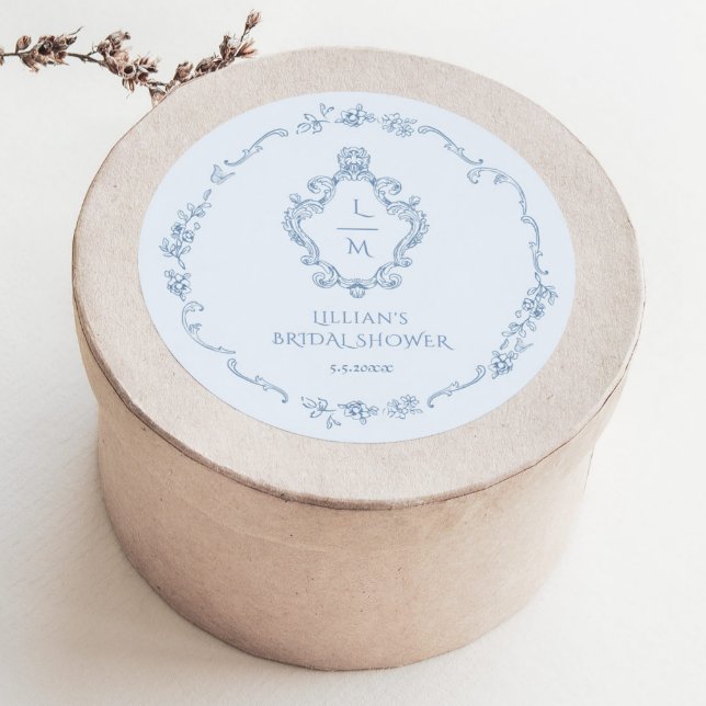 Chinoiserie wreath Toile Something Blue Crest Classic Round Sticker (Creator Uploaded)