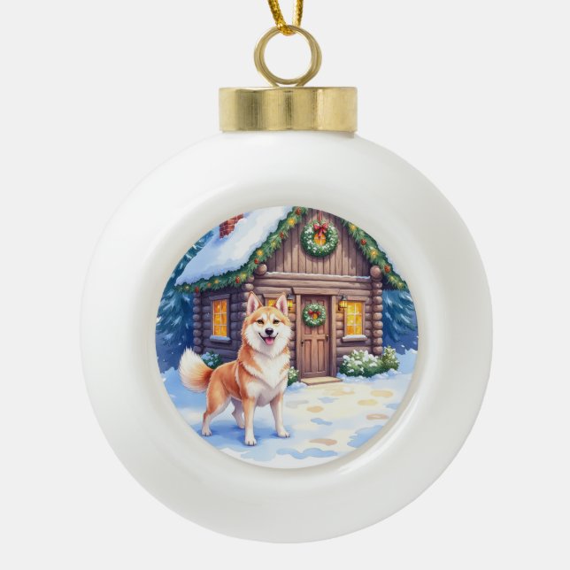 Chinook Rustic Log Cabin Christmas Art Ceramic Ball Christmas Ornament (Front)