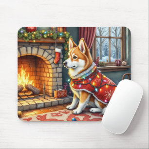 Chinook Sitting by Fireplace with Christmas Lights Mouse Pad