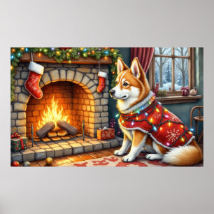 Chinook Sitting by Fireplace with Christmas Lights Poster