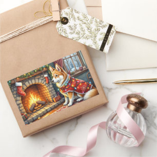 Chinook Sitting by Fireplace with Christmas Lights Rectangular Sticker