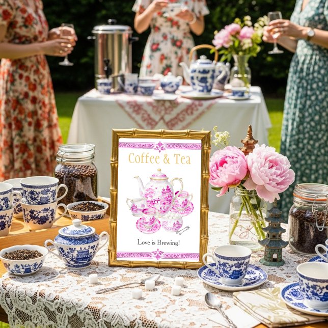 Chinosierie Pink Coffee & Tea Love is Brewing Sign Invitation (Chinosierie Pink Coffee & Tea Love is Brewing Sign)