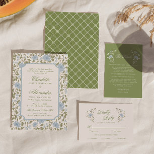 Chintz Floral Sage Blue Elegant Wedding Invitation