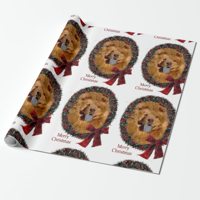 Chiow Chow Christmas Wreath Wrapping Paper (Unrolled)
