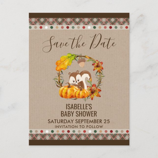 Chipmunk and Pumpkins Fall RusticSTD Announcement Postcard (Front)