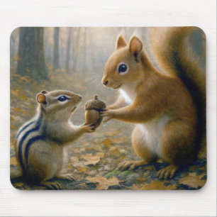 Chipmunk and Squirrel Sharing an Acorn Mouse Pad