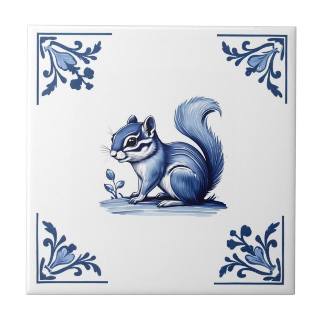 Chipmunk Delft Blue White Corners Woodland Animals Ceramic Tile (Front)