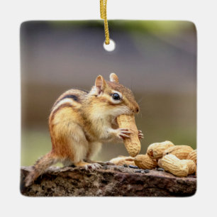 Chipmunk eating a peanut ceramic tree decoration