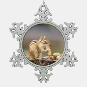 Chipmunk eating a peanut snowflake pewter christmas ornament