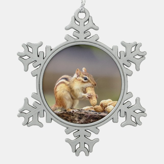 Chipmunk eating a peanut snowflake pewter christmas ornament (Front)