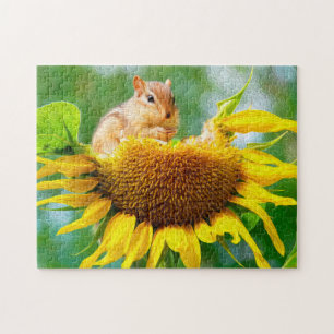 Chipmunk Eating Yellow Sunflower Photo/Painting Jigsaw Puzzle