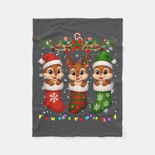 Chipmunk In Christmas Socks Lights Chipmunk Xmas L Fleece Blanket (Front)