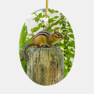 Chipmunk on a Fence Post Ceramic Ornament