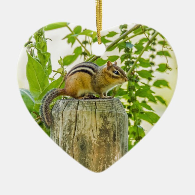 Chipmunk on a Fence Post Ceramic Ornament (Front)