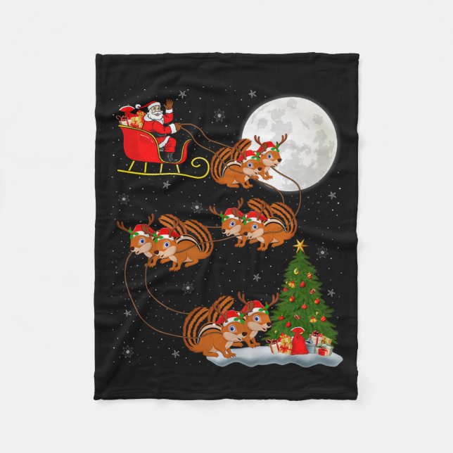 Chipmunk Santa Sleigh Flying Funny Magical Christm Fleece Blanket (Front)