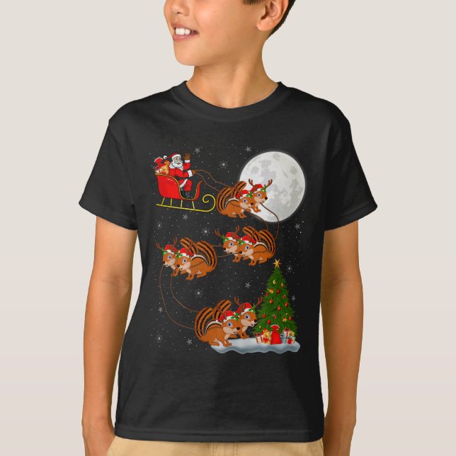 Chipmunk Santa Sleigh Flying Funny Magical Christm T-Shirt (Front)