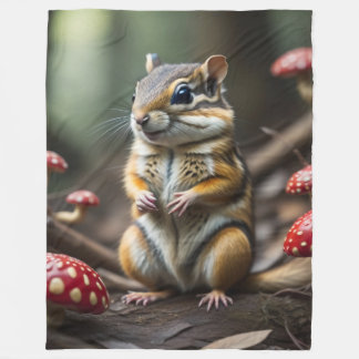 Chipmunk surrounded by amanita mushrooms in forest fleece blanket