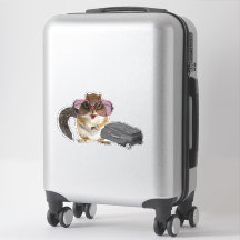 Chipmunk wearing sunglasses and holding baggage.