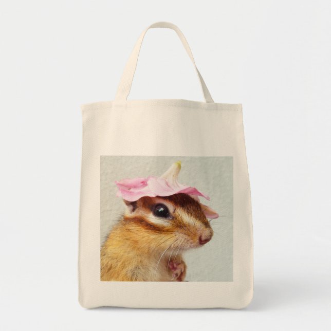 Chipmunk wears flower hat tote bag (Front)