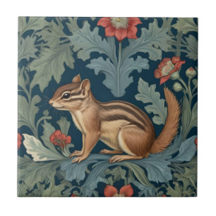 Chipmunk William Morris style Left Facing Leafy Ceramic Tile