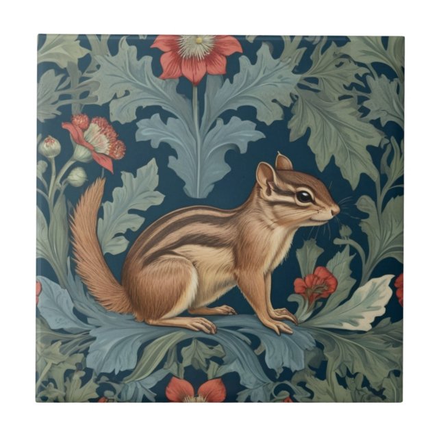 Chipmunk William Morris style Right Facing Leafy Ceramic Tile (Front)