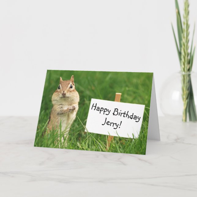 Chipmunk with Happy Birthday Sign Card (Front)