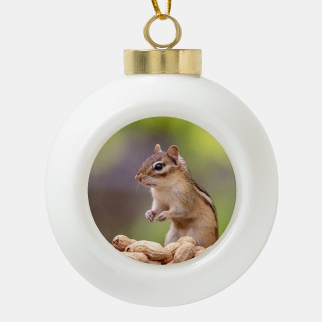 Chipmunk with peanuts ceramic ball christmas ornament (Front)