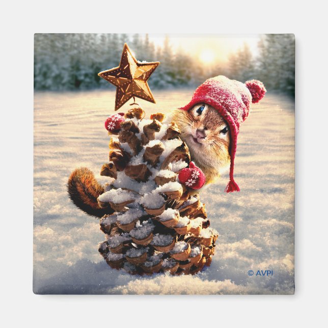 Chipmunk With Pine Cone Tree Magnet (Front)