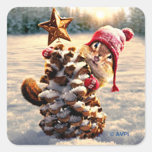 Chipmunk With Pine Cone Tree Square Sticker