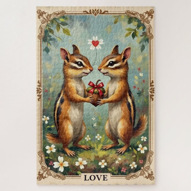 Chipmunks Exchanging Heart-Shaped Acorn Jigsaw Puzzle (Vertical)