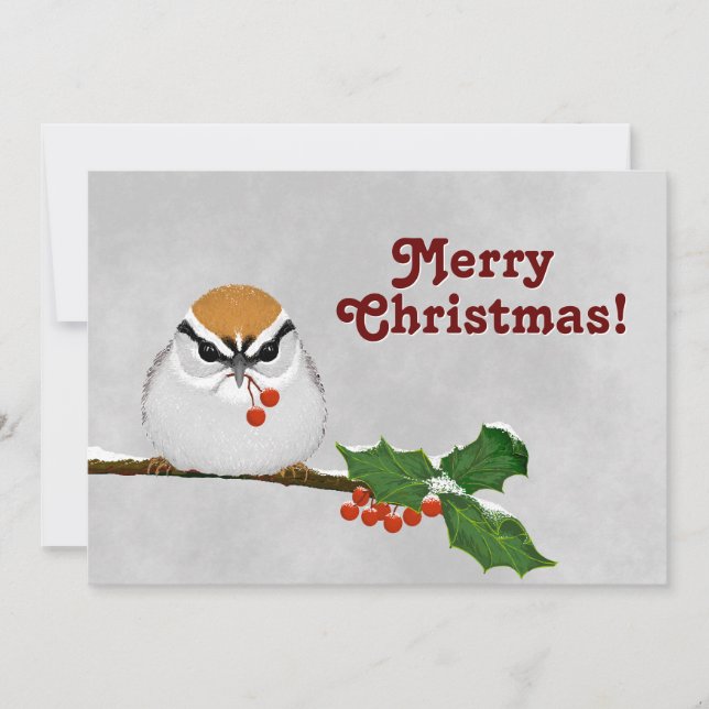 Chipping Snowy Sparrow with Holly and Berries Invitation (Front)