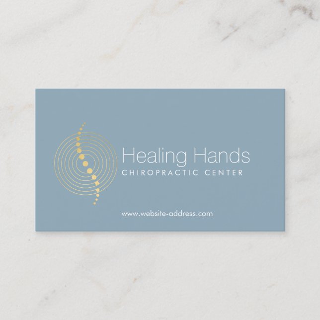 Chiropractic Abstract Gold Circles Logo on Blue Business Card (Front)