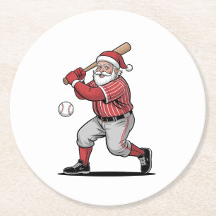 Chirstmas Baseball Playing Santa Claus Sport Round Paper Coaster