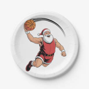 Chirstmas Basketball Playing Santa Claus Sport Paper Plate