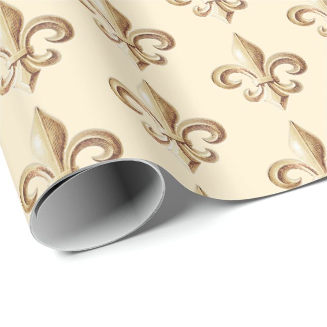 Chiseled Gold Gradient Heraldic Fleur de lis Ivory Wrapping Paper (Roll Corner)