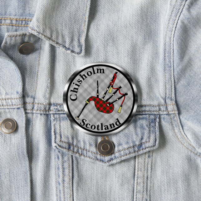 Chisholm Tartan Bagpipes 7.5 Cm Round Badge (In Situ)