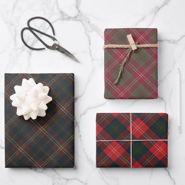 Chisholm Three Patterns Original Scottish Tartan Wrapping Paper Sheet (Front)