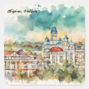 Chisinau Moldova Watercolor Painting City View Square Sticker