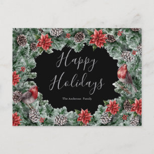 Chistmas Birds Pine Poinsettias Holiday Postcard