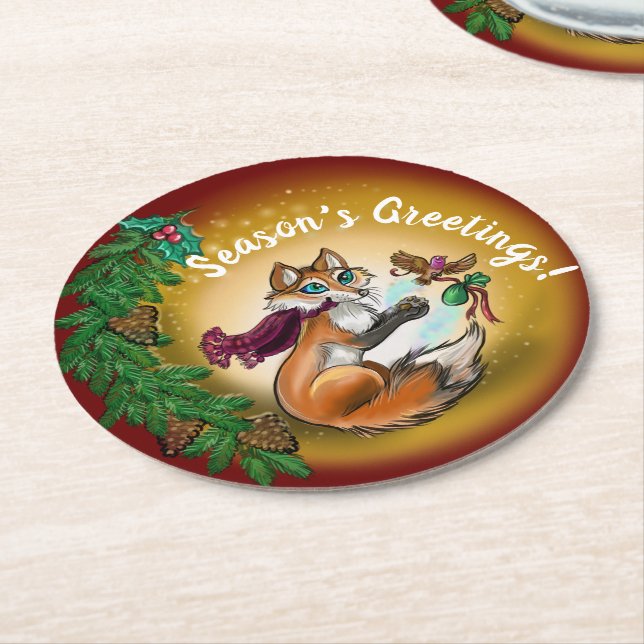 Chistmas gifting Fox Round Paper Coaster (Angled)
