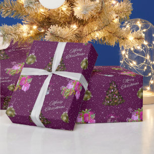Chistmas tree, ornaments and gifts purple colour wrapping paper