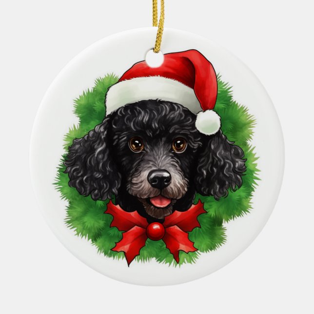 Chistmas Wreath Black Poodle Ceramic Ornament (Front)