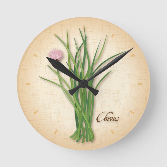 Chives Herb, Pink Flowers Round Clock (Front)