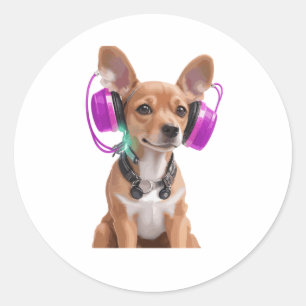 chiweenie dog listening to music classic round sticker