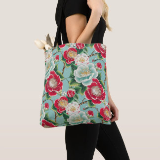 Chiyogami Red and White Camellias Pattern Tote Bag