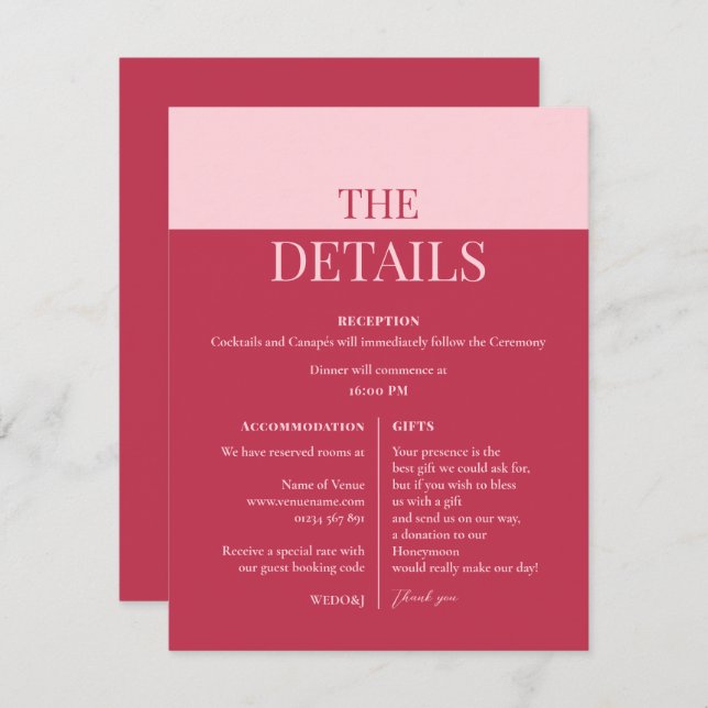 CHLOE Modern Bold Pink Wedding Details Card (Front/Back)