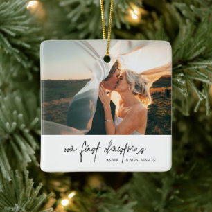 Chloe Modern Calligraphy Photo Elegant Newlywed Ceramic Ornament