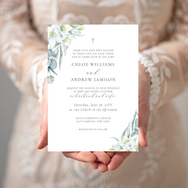 Chloe Simple Elegant Greenery Christian Wedding Invitation (Chloe Christian wedding invitation with white watercolor flowers and greenery)